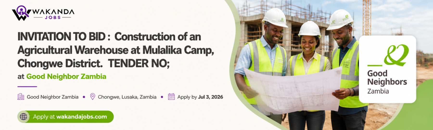 INVITATION TO BID :  Construction of an Agricultural Warehouse at Mulalika Camp, Chongwe District.  TENDER NO;