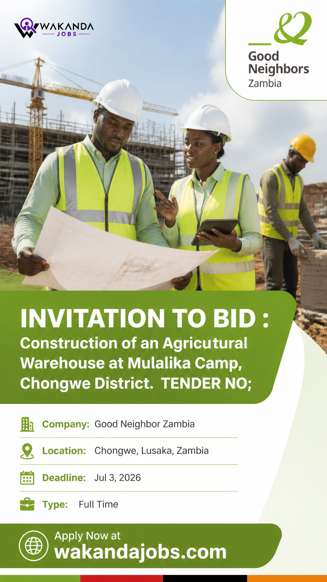 INVITATION TO BID :  Construction of an Agricultural Warehouse at Mulalika Camp, Chongwe District.  TENDER NO;
